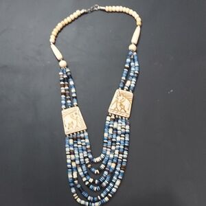 Blue And White Pearl Necklace With Yak Bone Carvings